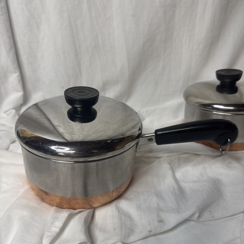 Vintage Revere Ware Sauce Pot Pan 2 Stainless Copper Clad 1 1/2 QT 1QT & Lids - Picture 2 of 13